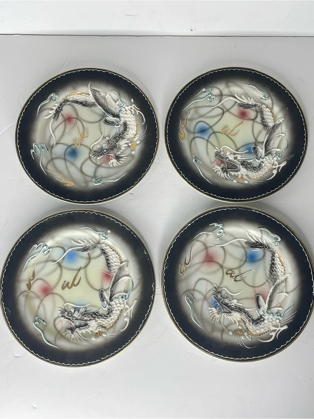 4 Vintage Victoria China Dragonware Dessert Plates 7.25” Dragon 3D Moriage Gold